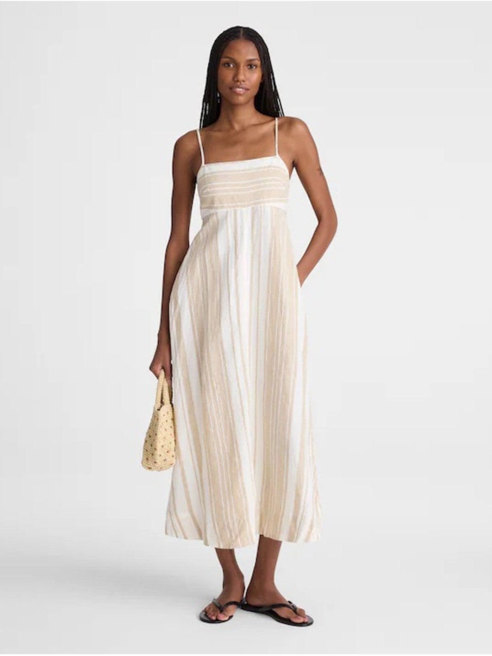 NWT Madewell Empire-Waist Midi Dress 100% Linen Striped Neutral XXS Resort